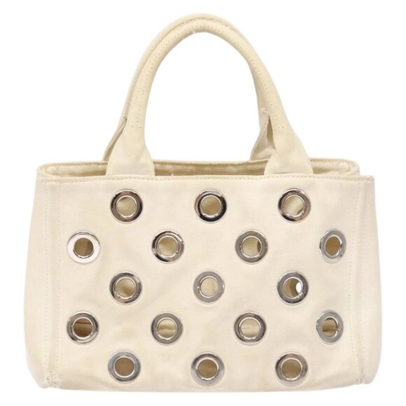 PRADA Canapa PM Hand Bag Canvas White Silver Auth 139730 - Picture 2 of 16